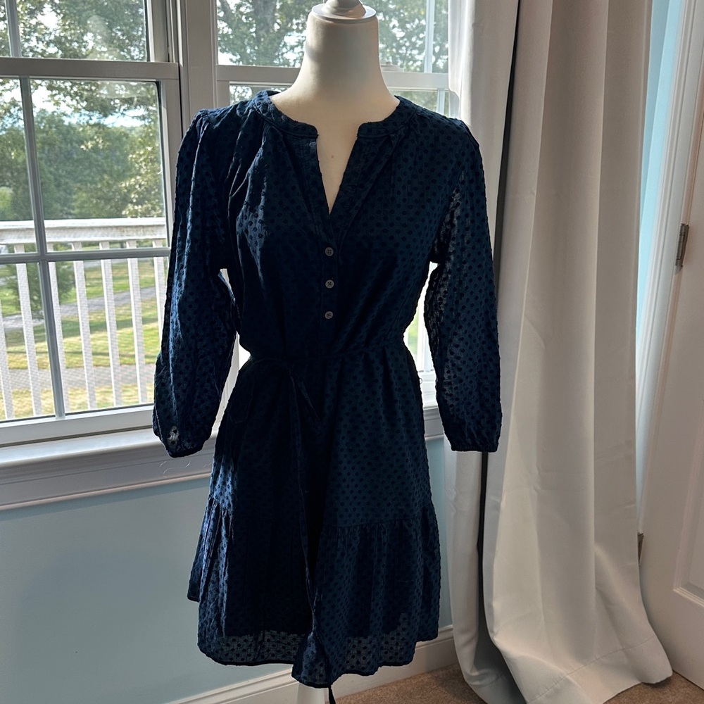 LOFT Dark Blue Textured Long Sleeve Dress